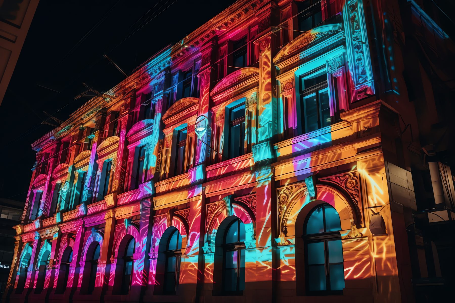 Projection mapping and lighting across a large building facade